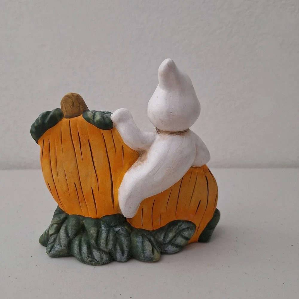 Vintage MCM Ghost & Pumpkins Halloween Decor Hand Painted Ceramic 6